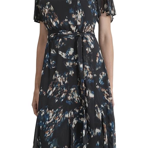 Image of DKNY Women's Flutter Sleeve Round Neck Waist Tie Midi Dress