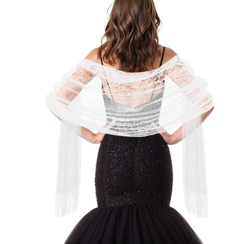 White Women's Floral Lace Scarf Shawl with Tassels Wedding Formal Wraps Soft Mesh Fringe Wraps for Wedding Evening Party Dresses Shawls for Evening Dresses Scarfs (White)