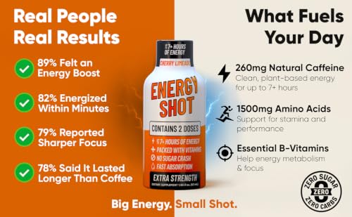 Image of Cherry Limeade Extra Strength Energy Shot 24 pk - 260mg Natural Caffeine B12 B6 - Energy & Focus Support - 2 Servings Sugar Free Zero Calorie Green Tea B-Vitamins Electrolytes Vegan - 1.93 fl oz