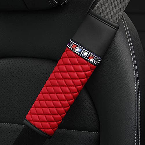 HYL World A Pair Leather Seat Belt Shoulder Pads Car Seat Belt Cover with Bling Diamonds,Red