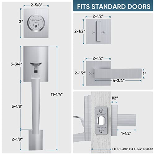 Image of TICONN Double Front Door Handle Set, Heavy Duty Square Door Lever and Single Cylinder Deadbolt Combo for Side by Side Entrance Exterior Doors (Satin Chrome)