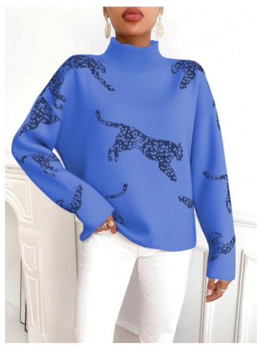 Image of WDIRARA Women's Leopard Tiger Print Sweater High Neck Long Sleeve Fuzzy Knitted Pullover Top
