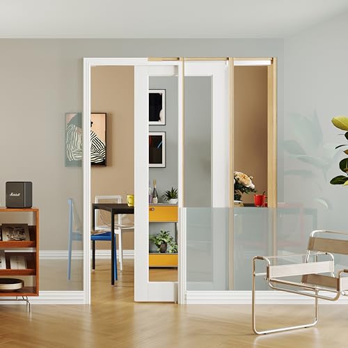 Image of 1-Lite Mirror Pocket Door 24 inch x 80 inch, Pantry Door Panel with Frame and Hardware Kit Set Plus Door Jamb, Single Interior Mirror Closet Door Slab for Sliding Door, No Panel Assembly Required