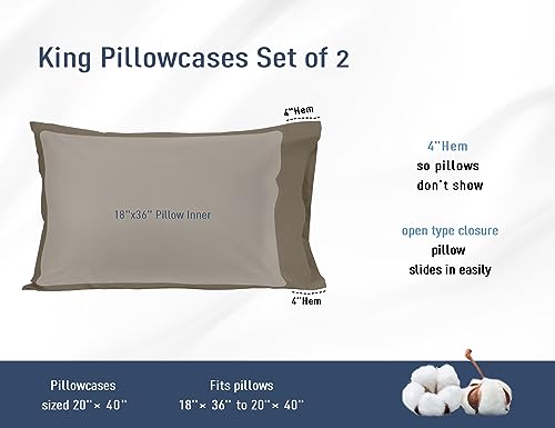Pillow Cases, King Size Cotton Percale Weave Pillowcases, Pre-Shrunk Breathable and Hypoallergenic Pillowcases, Set of 2 (2 Piece King 20 Inch x 40 Inch, Taupe Gray)