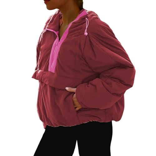 Pullover Puffer Jacket Womens Long Sleeve Half Zip Hooded Coat Drawstring Casual Loose Jacket Lightweight Hoodies3