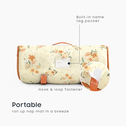 Image of Wake In Cloud - Toddler Nap Mat with Pillow and Blanket, 100% Cotton Fabric, for Kids Girls Ages 3 Plus in Daycare Kindergarten Preschool, Roll Up Sleeping Bag, Floral Flowers
