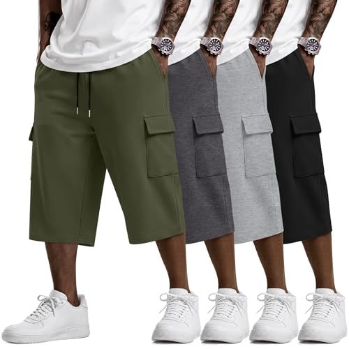 August Alley 4 Pack Mens Capri Shorts Big and Tall Cargo Baggy Sweat Shorts Below Knee 3/4 Pants with Pockets(X-Large Black Light Mixed Gray Army Green Dark Mixed Gray)