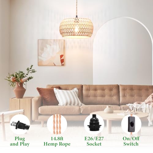 Plug in Pendant Light Rattan Hanging Lamp Pendant Light with on/Off Switch Rattan Woven Shade Hanging Lamp Plug in for Living Room Bedroom Farmhouse - Image 3
