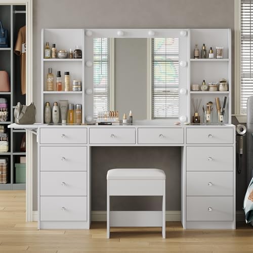 Yanosaku Vanity with Power Outlet, Vanity Desk with Mirror and 10 LED Lights, 10 Drawers Makeup Vanity with 6 Shelves, Fold-up Panel, Dressing Table for Bedroom, White