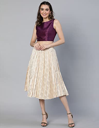 Image of oxolloxo Women Beige Jacquard Printed Pleated & Elasticated Skirt