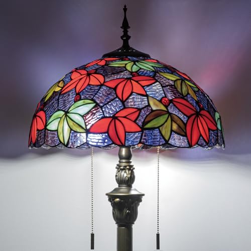 Image of Tiffany Floor Lamp, 16 inch Stained Glass Red Green Maple Leaf Shade with Antique Bronze Base, 2-Light E26 Pull Chain Standing Reading Light for Living Room Bedroom16x16x64 Inches