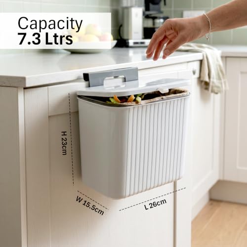 Image of Nayasa 7.3 Ltr Hanging Door Dustbin | BPA-Free Plastic Kitchen Trash Can with Lid | Wall Mounted & Cabinet Door Garbage Bin | Waste Bucket for Bathroom, Office & Home | White