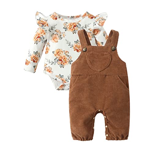 Image of LYSINK Newborn Baby Girl Clothes Long Sleeve Ruffle Romper Top Corduroy Overalls Pants Set Infant Outfits for Girls