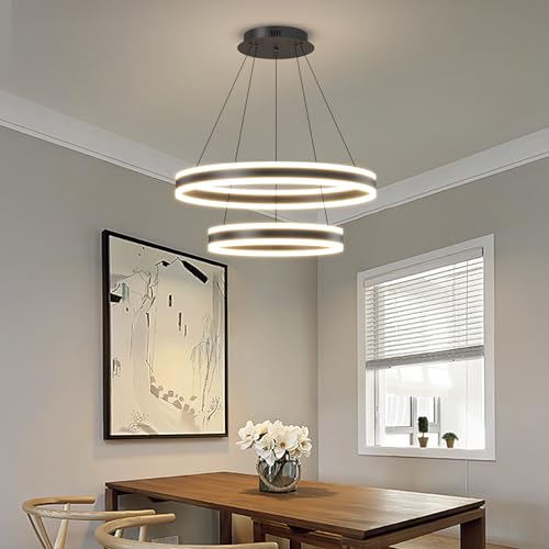 Mikeru 20+40CM Round Kitchen Island Light, 60W 2 Ring Modern Pendant Dining Pendant Light 1.5 Metre Adjustable Cord Length 3000k/4500k/6000k Breakfast Bar Pendant Lights for Dining Room