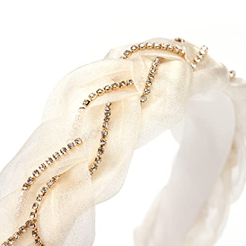 Bomtty 1.2 Inch Wide Brim Solid Color Chiffon Headband, Rhinestone Weaving Craft Fashion Hair Accessories, Suitable For Women And Girls (White) #TOP3