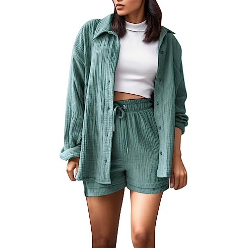 Generisch Zweiteiler Damen Sommer Outfits Bluse Musselin Set Two Piece Casual Sommer Reise Outfit Loungewear Damen Set Musselin Shorts Hose Und Bluse Hemd Blau XXL