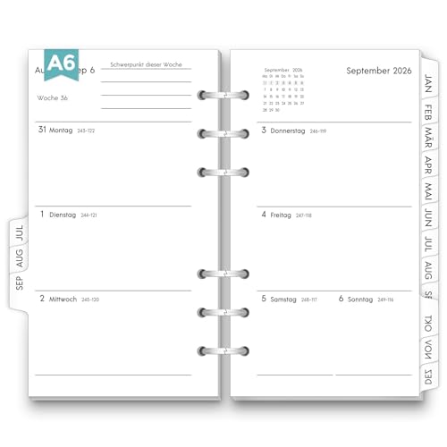 SKYDUE Classeur à anneaux rechargeable A6 - Juillet 2026 à décembre 2027 - Format A6 - Rechargeable, 1 semaine sur 2 pages avec onglets - Insert pour agenda hebdomadaire