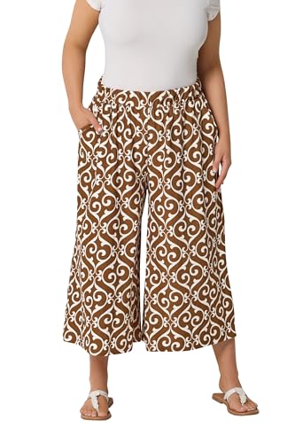 Image of Yours Curve Abstract Plisse Crop Trousers - Women's - Plus Size Curve Brown