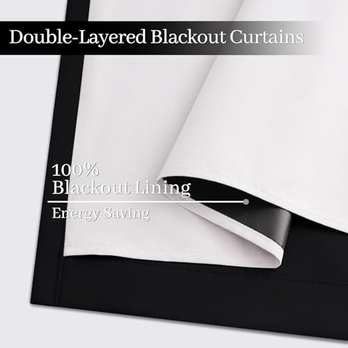 Yakamok 100% Blackout Curtains Black Room Darkening Thermal Insulated Window Curtain with 2 Thick Layers-Set of 2 Panels Grommet Top Drapes for Bedroom Living Room 52 Inches by 84 Inches Length
