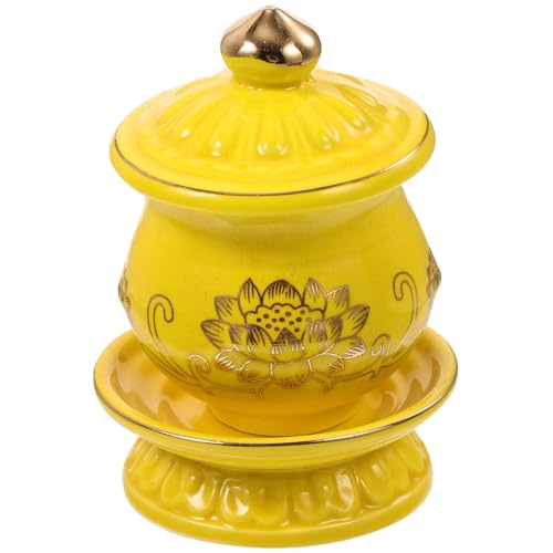 BESPORTBLE Coppa Offerta Acqua Buddista in Porcellana Dorata con Vassoio e Coperchio Ciotola per Purificazione e Rito nel Tempio Decorazione Religiosa per Altare e Casa