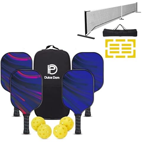 DULCE DOM Pickleball Paddles Set of 4 & Pickleball Net 22 FT Regulation Size | 4 Pickleball Paddles, 4 Pickleball Balls, Pickleball Bag and Pickleball Net Cover