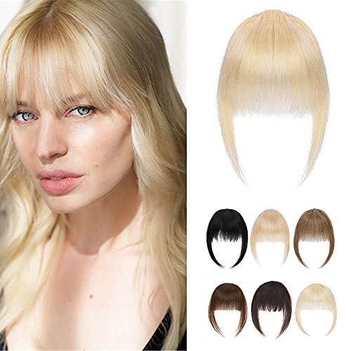 SEGO Bangs Hair Clip in on Bangs Human Hair Front Full Neat Bangs Straight Fringe Bangs with Temples Bangs Hair Clip in Extensions for Women 613# Bleach Blonde 9g