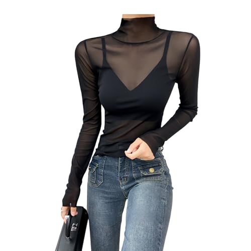 [KOEKOI] シアー トップス シースルー レディース ブラウス tシャツ レディース カットソー タートルネック カットソー トップス 重ね着 uvカット 付け襟 タートルネックトップス 無地 伸縮性 シアートップス ハイネック 長袖 (Free, 黒-A)