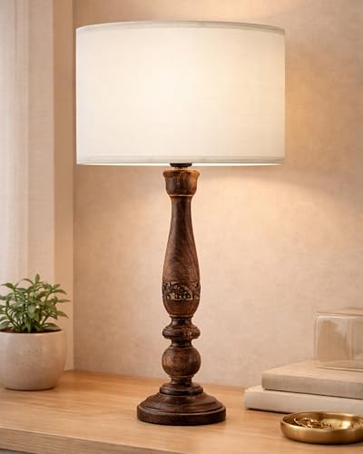 Image of Homesake Floral Carved Wood Table Lamp with Shade | Handcrafted Bedside Lamp, E27 Holder| Bulb Included |Warm Light Night Lamp, Bedroom, Living Room, Study & Home Decor, KD Off-White Drum