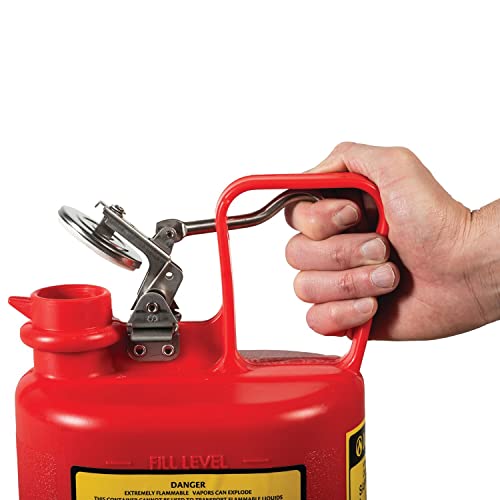 Image of Justrite 14065 1 /2 Gallon, 4 5 /8 inch x 7 5 /8 inch x 9.50 inch Size Type I Red Oval Polyethylene Safety Can with Stainless Steel Hard