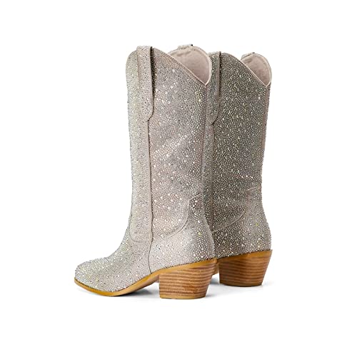 Fvepomm Women'S Rhinestone Mid-Calf Boots Mid Tube Pointed Toe Shiny Vintage Fashion Boot thumb #3