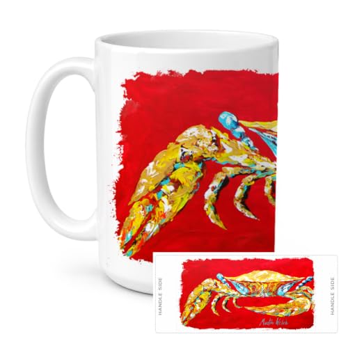 Caroline's Treasures MW1116CM15 Crab Blue on Red, Sr Dishwasher Safe Microwavable Ceramic Coffee Mug 15 ounce, 15 ounce, multicolor