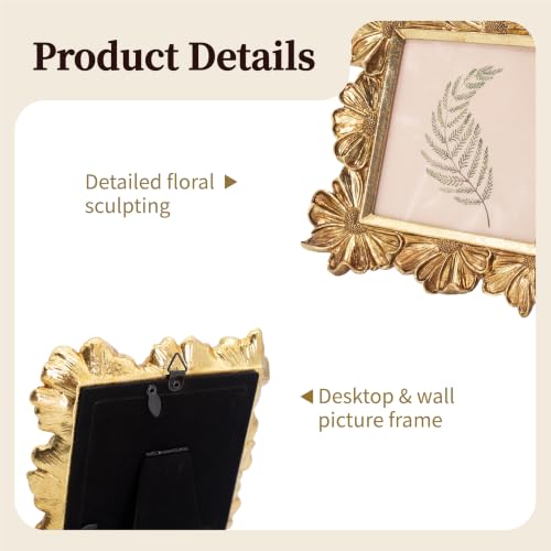 Image of Antique Floral Picture Frame - Resin & Glass Victorian-Style Frame for Tabletop or Wall Decor (Gold, 4 inch x 4 inch)