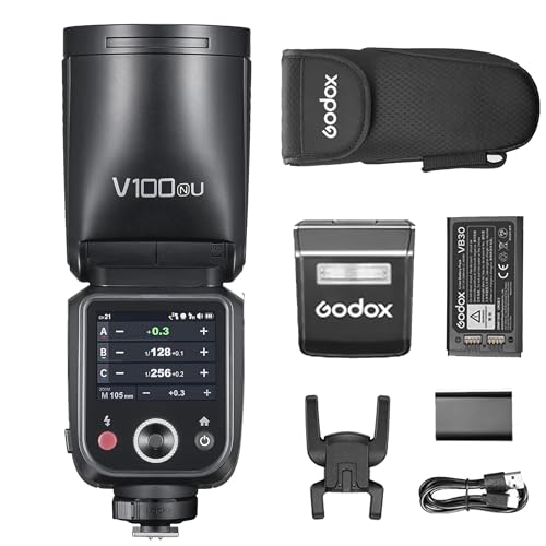 Godox V100-N Camera Flash for Nikon,100Ws TTL Round Head Speedlite,400-Full-Power-Flashes,1.7s Recycle Time,Touch Screen 2.4G Wireless X System for Nikon D800/D750/D700/D610/D500/D200/D300S/D5/D4 etc