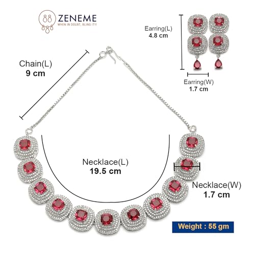 Image of ZENEME Rhodium Plated Silver Toned Triangular Shaped American Diamond Studded Jewellery Set For Women and Girl