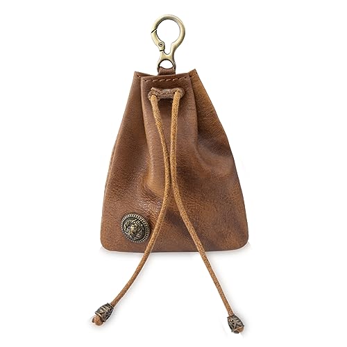 Coin Purse for Men Women, Leather Medieval Drawstring Coin Pouch Change Holder Wallet for Cash, Coins, Credit Cards, Car Keys (01-Dark Brown)