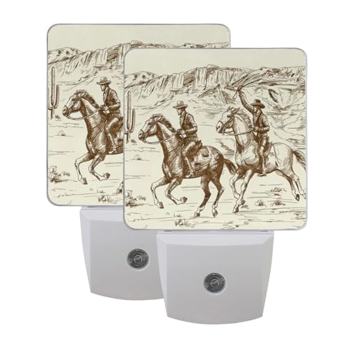 Image of Western Desert Cowboy Night Lights 2 Pack Plug-in Wall Led Nightlight Auto Dusk-to-Dawn Sensor Lamps for Bedroom Kitchen Bathroom Hallway Stairs