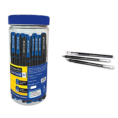 Image of Classmate Octane Gel Pen (Blue & Black)- Pack Of 25 + 10 Gel Refills Free & Linc Ocean Classic Gel Pen (0.55 Mm, Black Body, Black Ink, Pack Of 25)