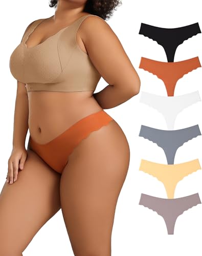 6 Pack Womens Plus Size Seamless Thongs, Breathable Stretch No Show Underwear, Sexy Invisible Wave Edge Panties