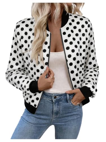 SOLY HUX Women's Polka Dots Bomber Jacket Zip Up Long Sleeve Lightweight Jackets Casual Outerwear Black and White Large