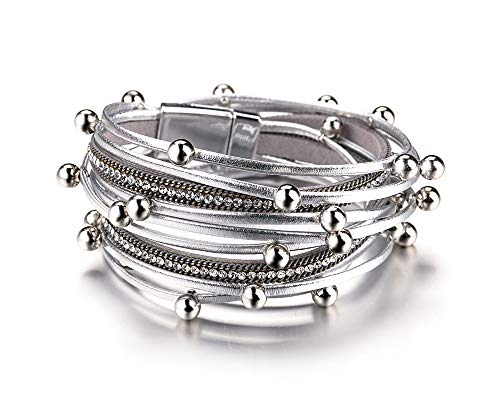 Image of Fesciory Leather Wrap Bracelets for Women, Boho Leopard Multi-Layer Crystal Beads Cuff Bracelet Jewelry