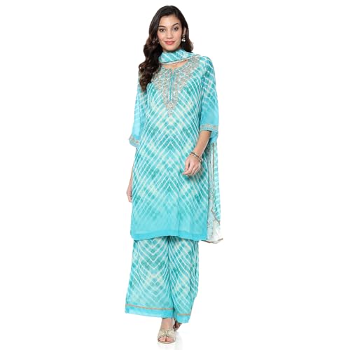 Image of BIBA Women Georgette Straight Embroidered Suit Set