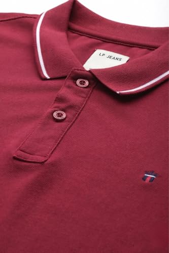 Image of Louis Philippe Men's Slim Fit Single-Tuck Pique Stylized Sleeve Print and Contrast Tipping Half Sleeve Solid Polo Tshirt