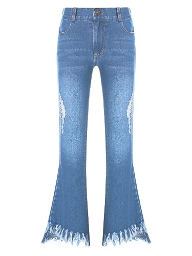 Aislor Kids Girls Ripped Tassel Bell Bottom Jeans Wide Leg Distressed Denim Pants Flare Denim Trousers with Pockets