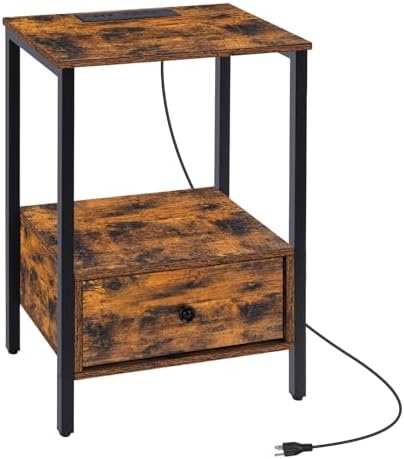 Side End Table with Charging Station and Outlets 2 Tier Bedside Nightstand Table with Wood Drawer and Shelf Storage for Bedroom Living Room Workplace