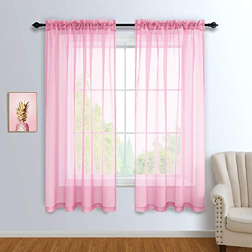 Pink Sheer Curtains 63 Inch Length for Girls Room Decor Window 2 Panels Set Kids Curtains for Bedroom Girls Bed Canopy Teen Girls Bedroom Decoration