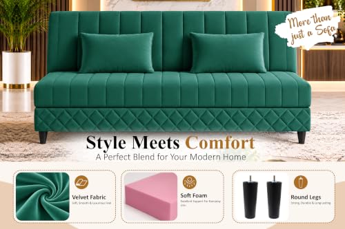 Image of 3-Seater Velvet Sofa Cum Bed | Tufted Convertible Sleeper Sofa | Plush Cushioned Seating | Space-Saving Design for Living Room, Bedroom & Office | Green