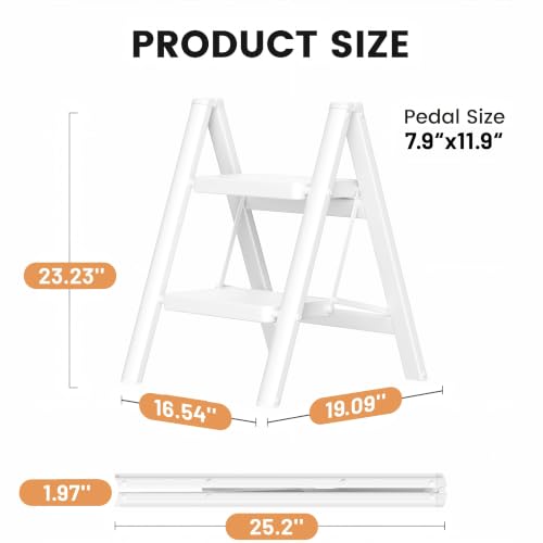 Image of SOLADDER 2 Step Ladder, Folding Step Stool, Lightweight Stepladder, White | Anti-Slip 7.9'' Wide Pedal;Space-Saving;For Kitchen, Home, Library, Office Use;300lbs Capacity
