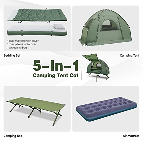 Single Tent Bed, Portable Camping Tent With Air Mattress And Pillow, Folding Camping Cot Of Metal Frame, Single Sleep Bag With Polyester Canopy, For Outdoor Family Camping Picnic - Military Green #TOP1