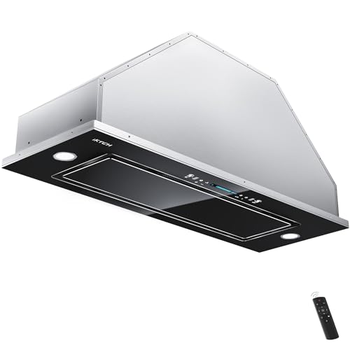 IKTCH - Campana extractora de 76,2 cm, 900 CFM canalizada/sin conductos con ventilador de 4 velocidades, acero inoxidable negro y vidrio templado campana extractora de 30 pulgadas con sensor de gestos