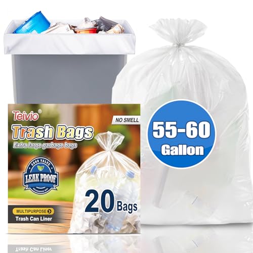 Image of Teivio Large Clear Trash Bags 55-60 Gallon 20 Counts Fit 50,55,60,Gal All Purpose Garbage Bags, Extra Large Lawn and Leaf Bags Outdoor Trash Can Liner, Drum Liners, Workshops, Backyard